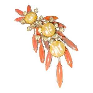 Vintage Cathé Brooch Coral Rhinestone Floral Spray Gold Tone Faux Pearl J20
